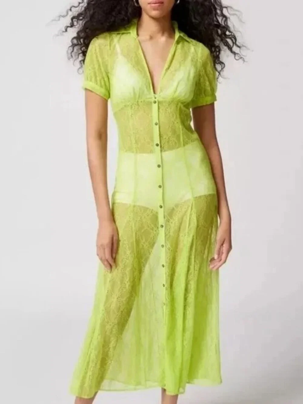 Urban Outfitters Connie Sheer Lace Maxi Dress Neon Green Size M NWT - Picture 2 of 10